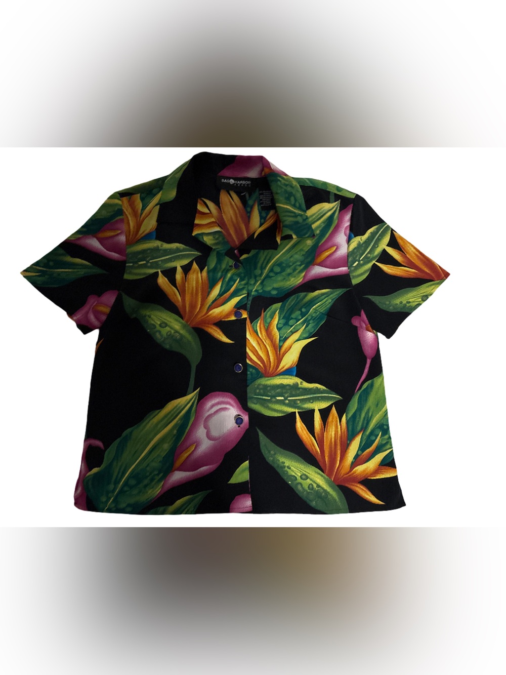 Sag Harbor Black Tropical Button-Down Shirt with Green Leaves and Orange Flowers